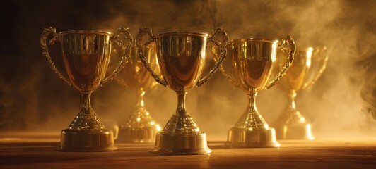 The captivating display of shining golden trophies in a dramatic setting