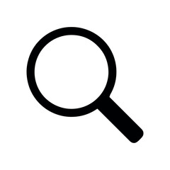 A simple black and white illustration of a magnifying glass with a handle on a white background