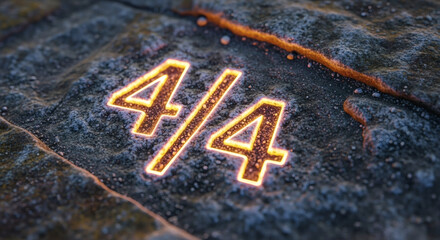 Fiery orange numbers 4/4 glowing brightly, branded into a dark, cracked volcanic rock surface.
