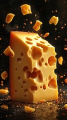 Cheese block with floating crumbs creating a dynamic visual effect in a dark setting