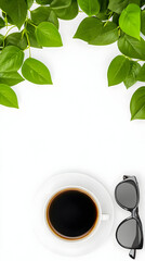 Coffee Break Illustration Green Leaves Background