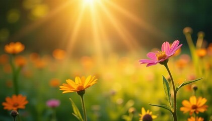 Golden sunbeams drench vibrant wildflowers, soft focus background , spring, beauty, peaceful