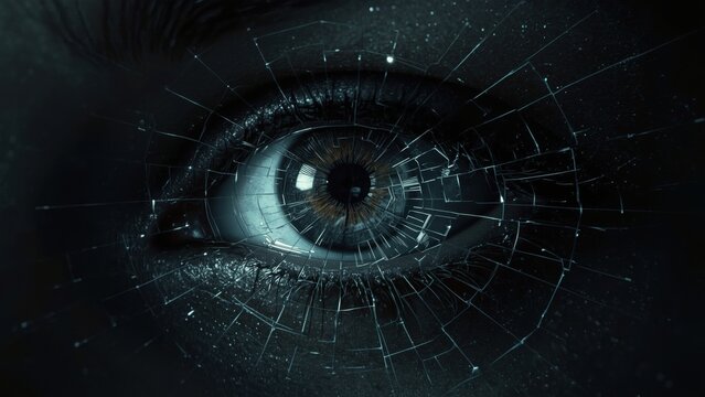 Close up of human eye with digital data overlay and network connections forming a futuristic technological view