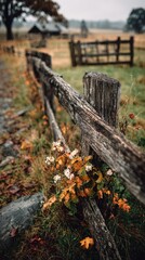 Rustic wooden fence, autumnal foliage, misty landscape