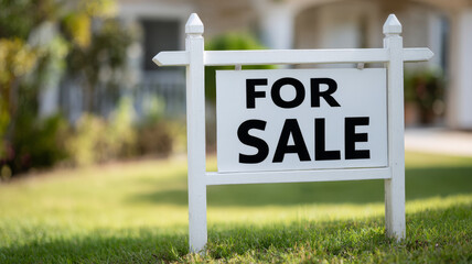 Fototapeta premium For sale sign on a lawn in front of a house.