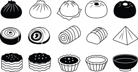 Asian food vector icons – steamed buns, rolls, pastries, zongzi, and soup bowl black and white illustrations.