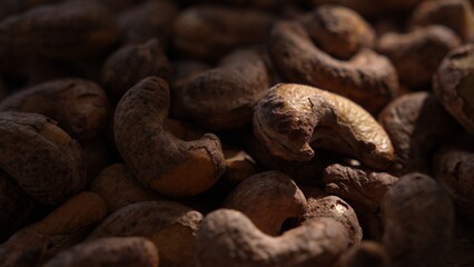 Raw cashew nuts lit by beam of sunlight on dark background