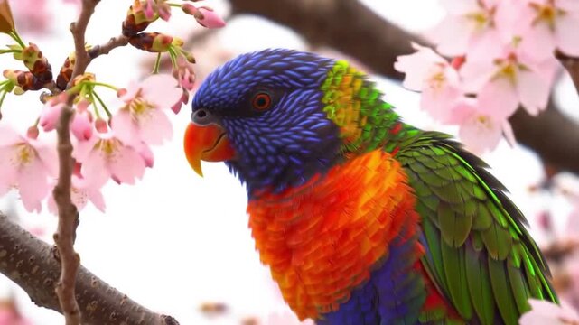 Close up of a rainbow lorikeet perched on a cherry blossom branch in full bloom during springtime