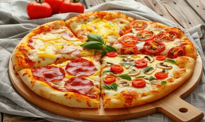 Variety of pizza slices overhead view on wooden board culinary still life