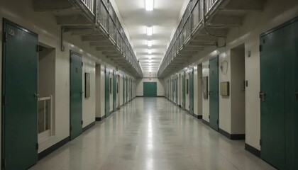 Long prison cell corridor stretches into distance, lined with uniform green doors. Stark, silent abandonment pervades empty space, enhanced by linear lighting, reflective floor, creating mood of