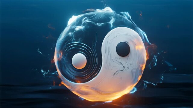 Yin yang symbol over blue Earth globe in space with glowing light and abstract atmosphere background