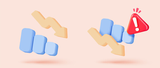 3D stock trading graph report for statistic in bubble icon. Sell and buy money cash and exchange with finance business failure, analyzing investment. 3d bank trading icon vector render illustration