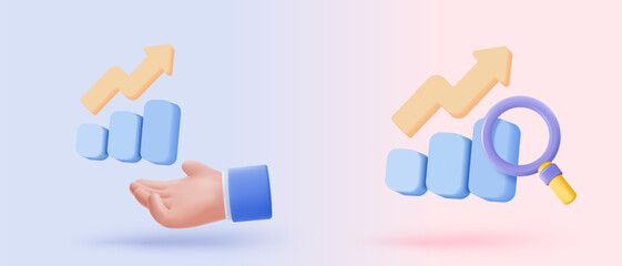 3D searching bar or magnifying glass icon signs for research info statistic. analyzing investment money cash and exchange with detective. 3d magnifier zoom icon vector render illustration