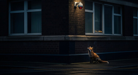 Urban Fox Watching Security Camera.
A red fox stands in a city street at night staring up at a glowing security camera on a brick building.
