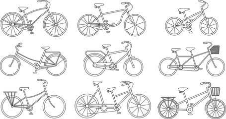 Bicycle line art set, vintage and modern bike illustrations, outline cycling graphics, tandem and city bikes, black and white drawing © CreativeArtist