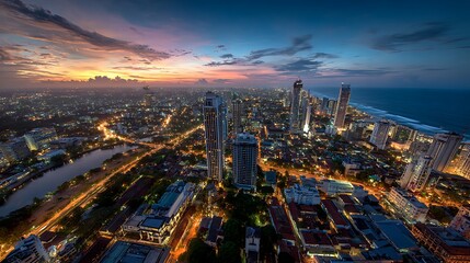 Fototapeta premium Cityscape at Twilight with Illuminated Buildings and Coastal View