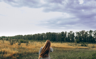 A young woman with long, flowing red hair gazes into the horizon of a green and golden meadow under...