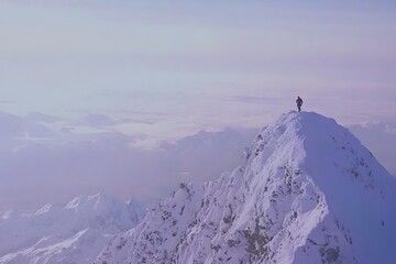 Solo hiker standing on a snow-covered mountain peak at sunrise