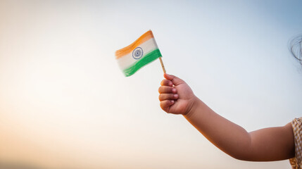A child's hand waving the Indian flag, celebrating Independence Day on August 15th.