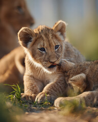 Obraz premium Lion Cub Playing Siblings Natural Light