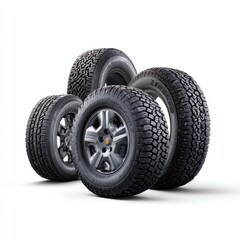 Close-up of various tires and rims