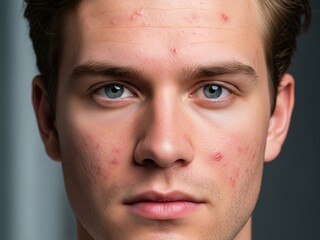 Fototapeta premium Close up portrait of a young man with facial acne and blemishes on his skin