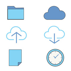 Digital Business and Cloud Computing Icon Set - Simple Vector Illustrations for Data Management, File Storage, Time, and Technology Concepts


