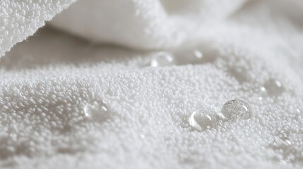 Close up shot of water droplets on a white towel showing absorbency and soft texture of the fabric