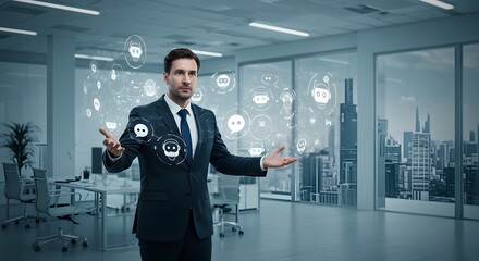 Businessman in a modern office with arms outstretched, surrounded by digital communication icons and a cityscape view.