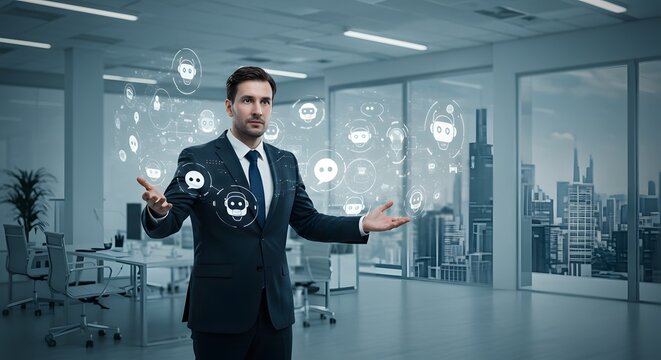Businessman in a modern office with arms outstretched, surrounded by digital communication icons and a cityscape view.