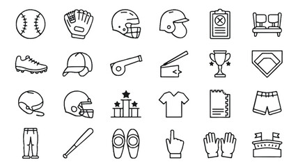 Fototapeta premium Set of 20 baseball and sports icons in a grid silhouette