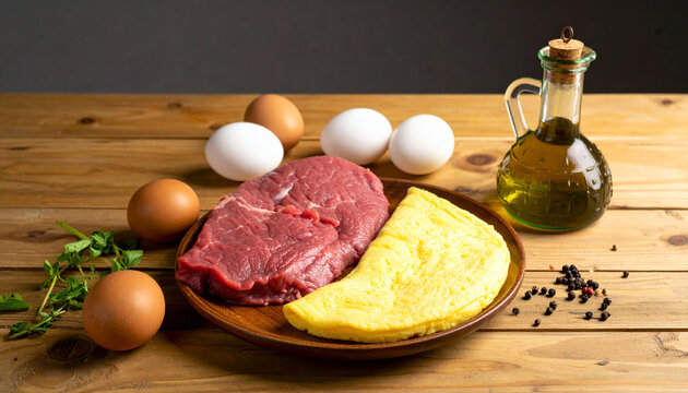 Raw beef steak and omelet displayed side by side on wooden plate with fresh eggs, olive oil, black pepper, and herbs on rustic wooden table, evoking healthy protein meal