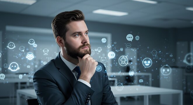 Thoughtful businessman in a suit contemplates digital icons and communication symbols in a modern office setting, looking upward.