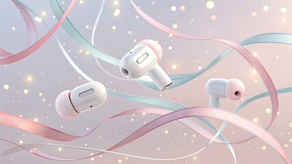 White wireless earbuds with pink tips floating amidst pastel ribbons and bokeh lights earphones audio