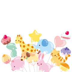お祝いパーティSNS用フレーム｜動物とケーキのバルーン(Celebration Party SNS Frame – Animal and Cake Balloons)
