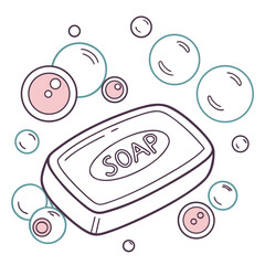 A soap bar with bubbles around it isolated on white background in vector style