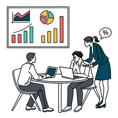 Business team meeting around a table discussing financial charts and graphs isolated on white background