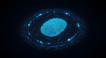 Abstract digital fingerprint graphic, glowing blue, circular design.