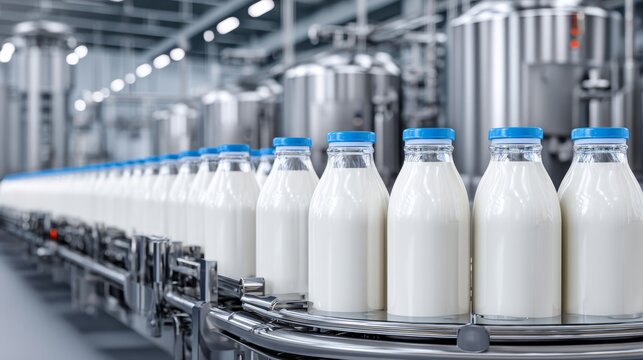 Cutting-Edge Dairy Processing Facility with Copy Space for Text: Modern food processing technology ensuring safe production and packaging of dairy products for consumers.