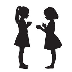 Fototapeta premium Two girls engaged in conversation while holding cups in silhouette 