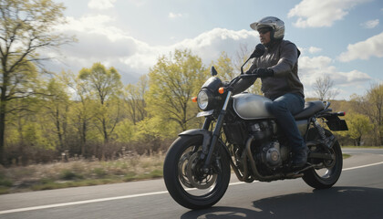 Obraz premium Man rides silver motorcycle on asphalt road in spring forest. Frontal view shows rider in helmet and leather jacket. Daytime, clear sky with clouds. Motion blur suggests speed and journey.