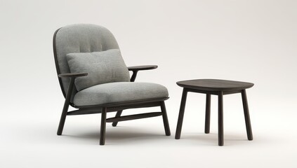 Light gray upholstered armchair and dark wood side table