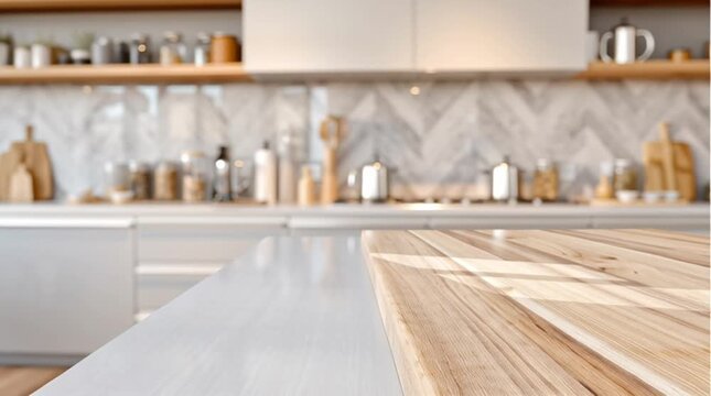 Elegant kitchen countertop featuring a wooden surface, decorative glass jars with oils, a bouquet of flowers, and stylish tableware,	