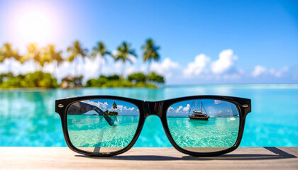 Black sunglasses with tropical island and sailboat reflection on clear blue ocean water under sunny sky, evoking relaxing vacation mood