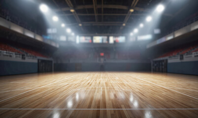 Shiny wood floor perspective of empty basketball court interior. Blurred spotlights illuminate arena hall with parquet surface. Clean gym background for sport, game or training.