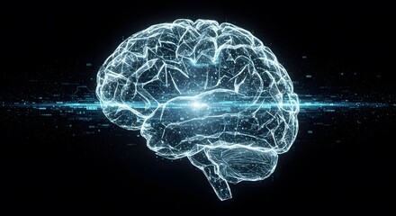 Glowing digital human brain, intricate network, neural pathways, data flow.