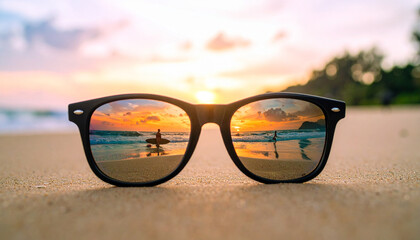Sunglasses on sandy beach reflecting surfers and colorful sunset over ocean waves with warm light and peaceful atmosphere