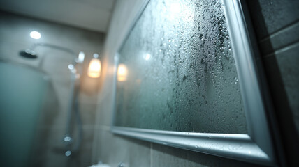 Foggy bathroom mirror with steam and condensation, modern design.