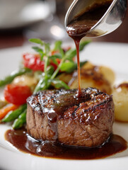 Steak with sauce and vegetables on a plate