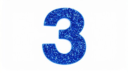 Number 3 in blue glitters, white background. Photo for 3rd birthday or anniversary celebration